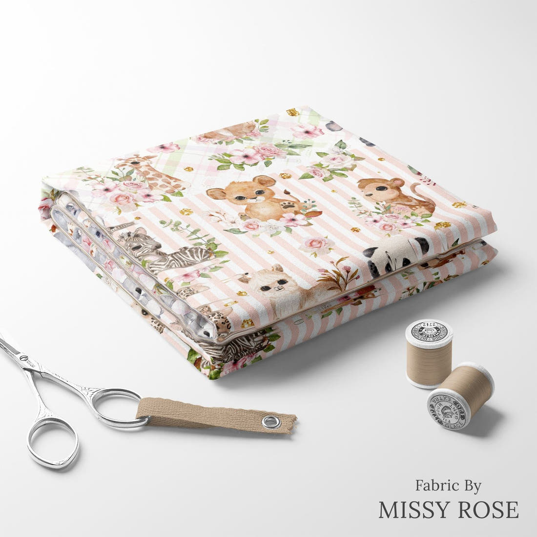 Design 204 Baby Safari Animals Fabric folded fabric stack with matching thread – pre-order fabric Australia | Fabric by Missy Rose