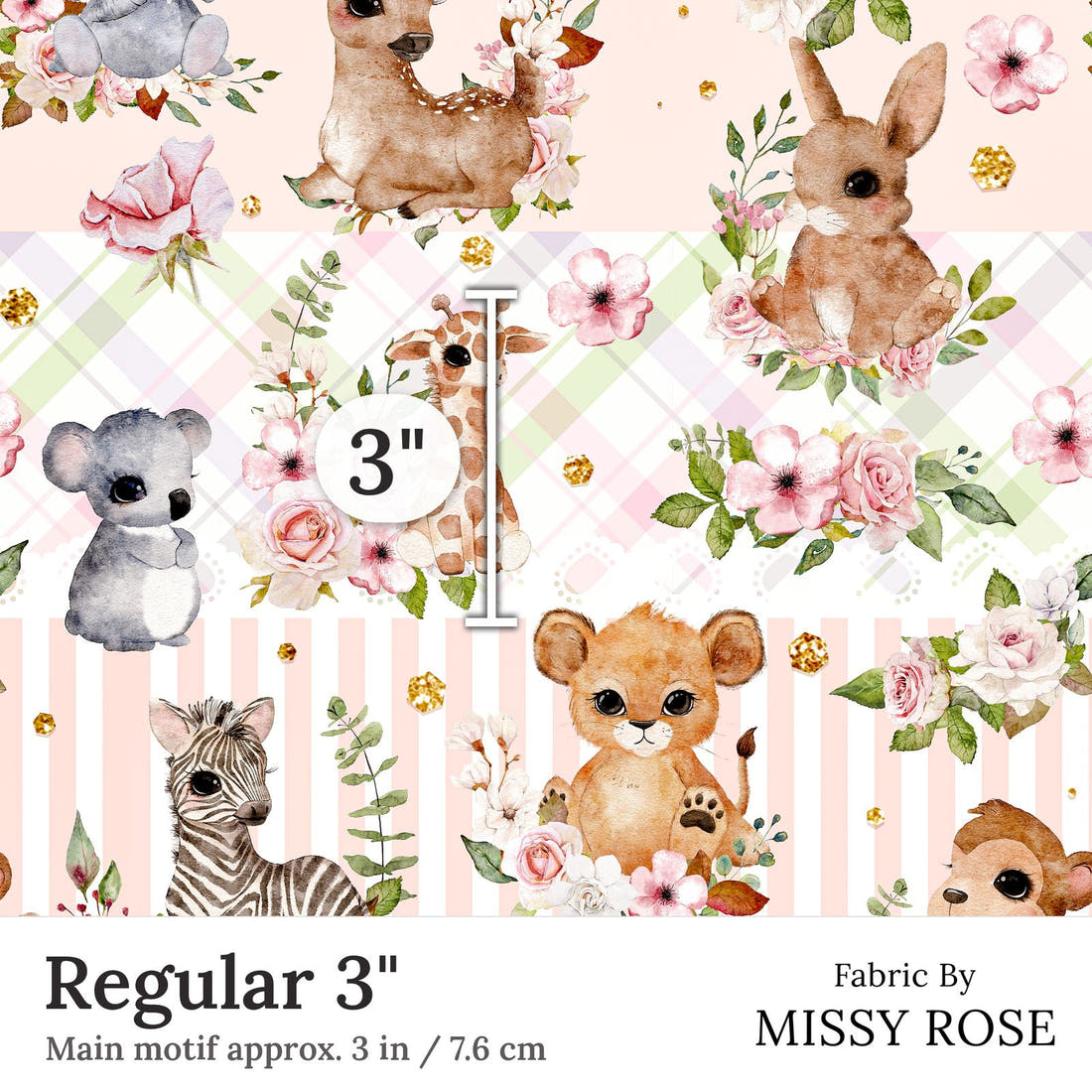 Design 204 Baby Safari Animals Fabric Regular 3 inch print scale guide | Fabric by Missy Rose