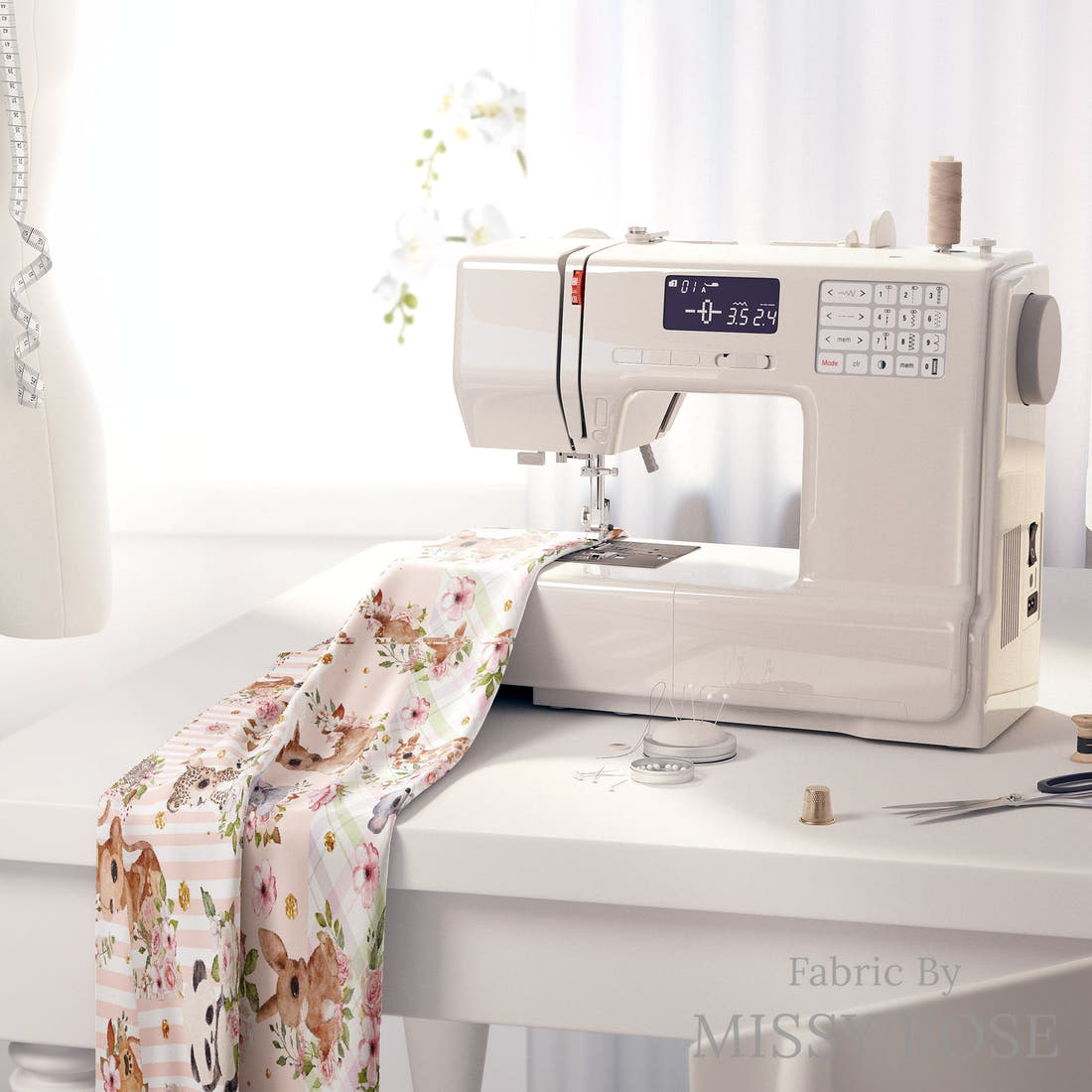 Design 204 Baby Safari Animals Fabric on a sewing machine – premium fabric for sewing projects | Fabric by Missy Rose