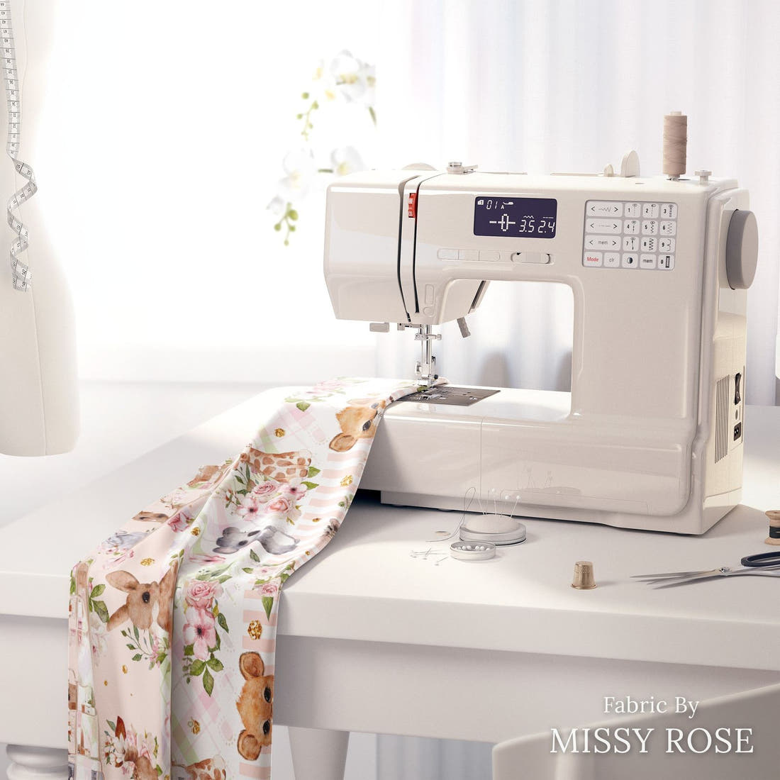 Design 204 Baby Safari Animals Fabric on a sewing machine – premium fabric for sewing projects | Fabric by Missy Rose