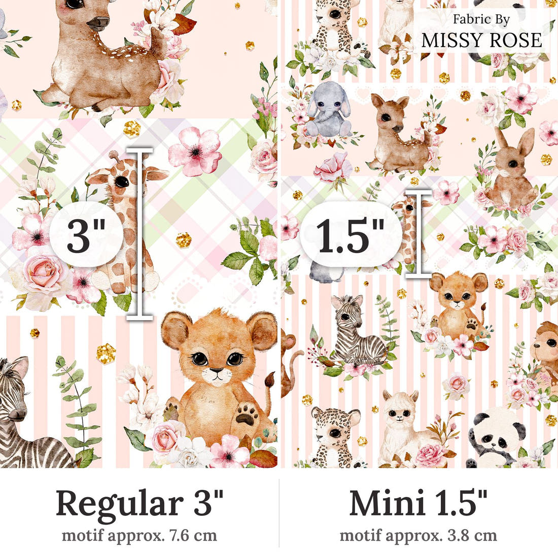 Design 204 Baby Safari Animals Fabric Regular 3 inch vs Mini 1.5 inch print scale side by side | Fabric by Missy Rose