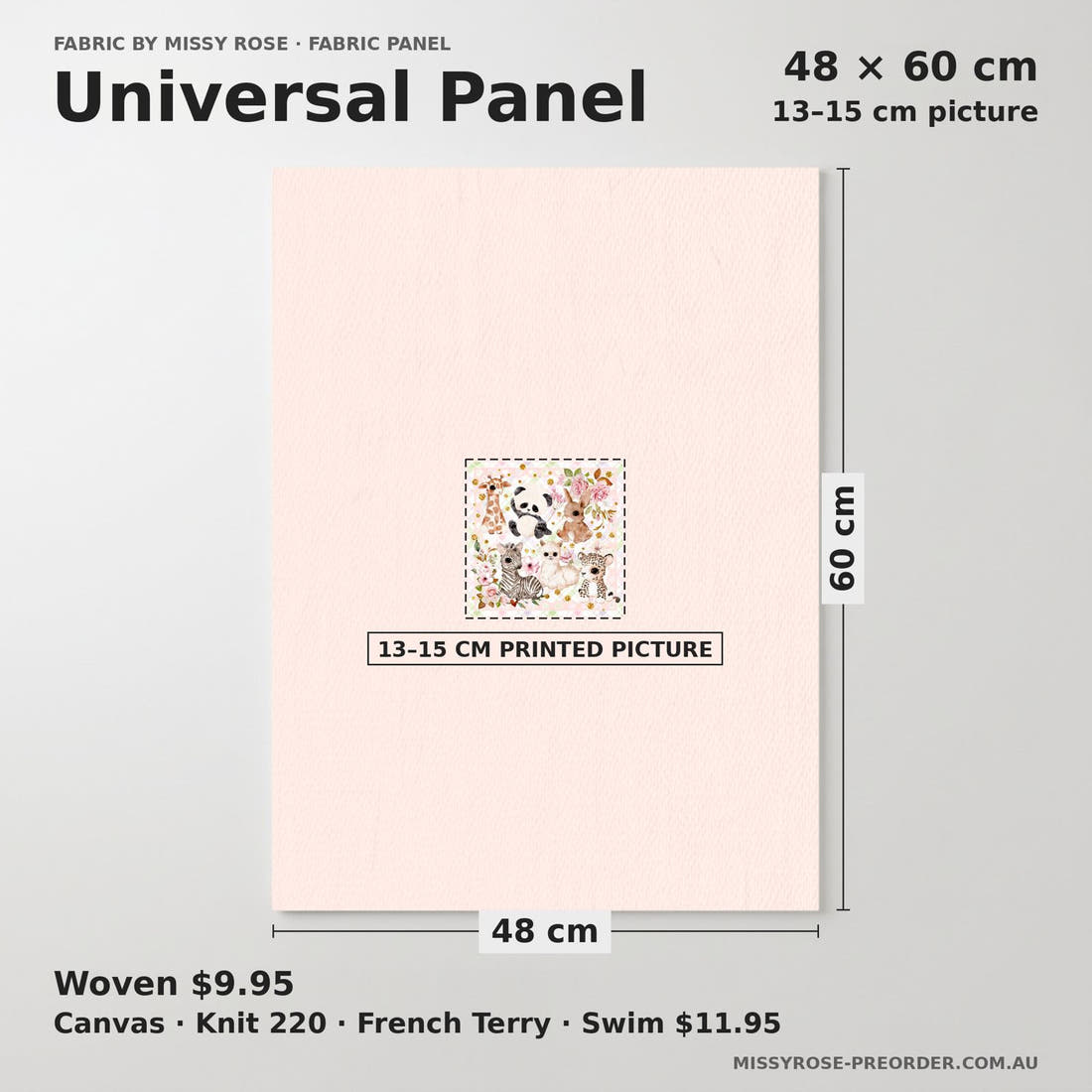 Design 204 Baby Safari Animals Panel universal panel sizing – 13–15 cm printed picture on 48 × 60 cm fabric | Fabric by Missy Rose