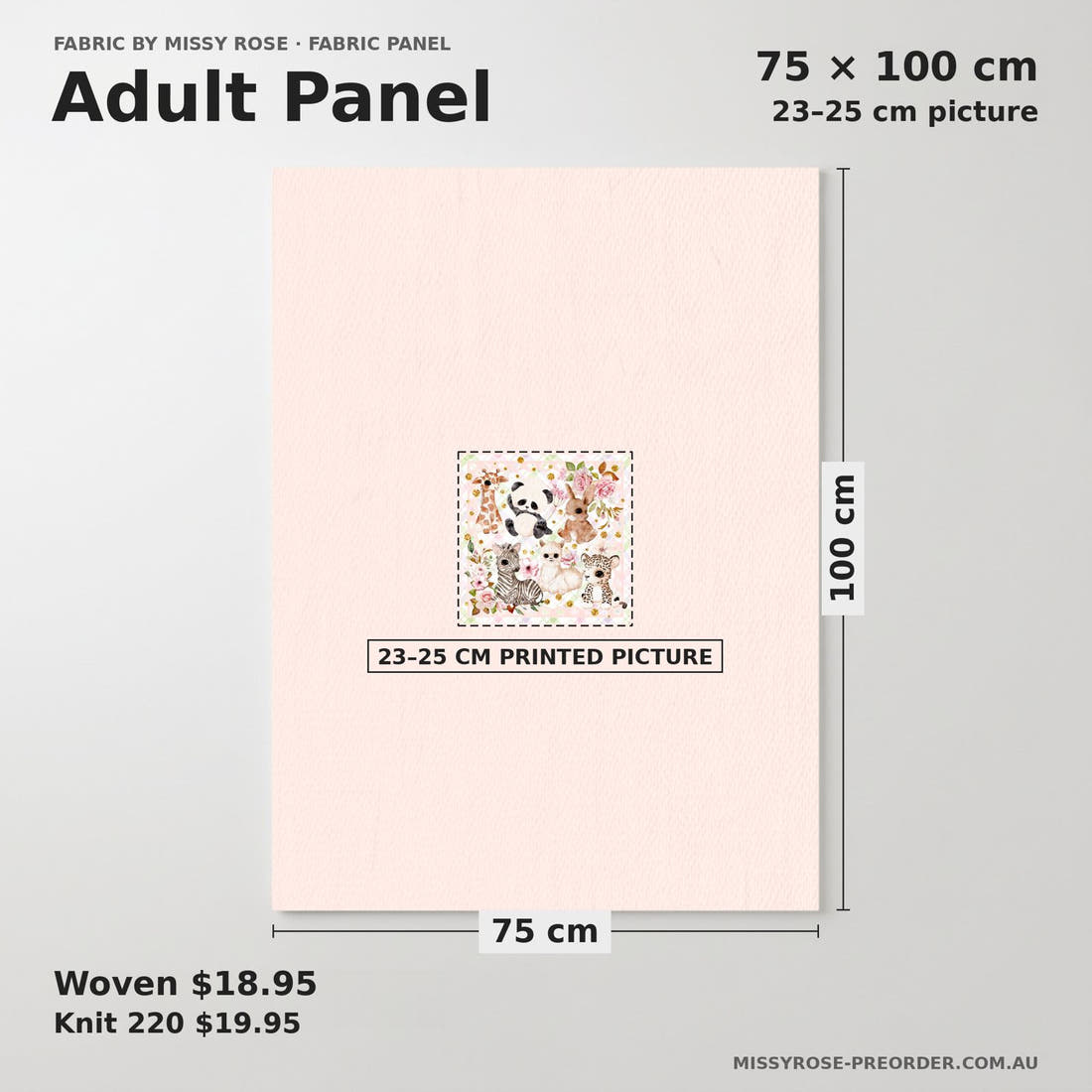 Design 204 Baby Safari Animals Panel adult panel sizing – 23–25 cm printed picture on 75 × 100 cm fabric | Fabric by Missy Rose