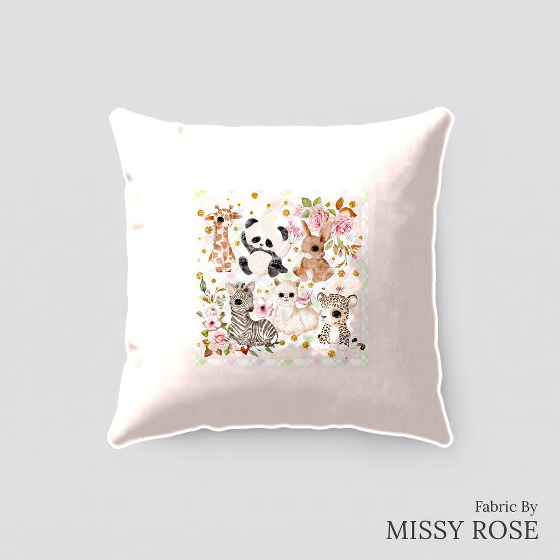 Design 204 Baby Safari Animals Panel sewn into a cushion – see how the panel looks made up | Fabric by Missy Rose