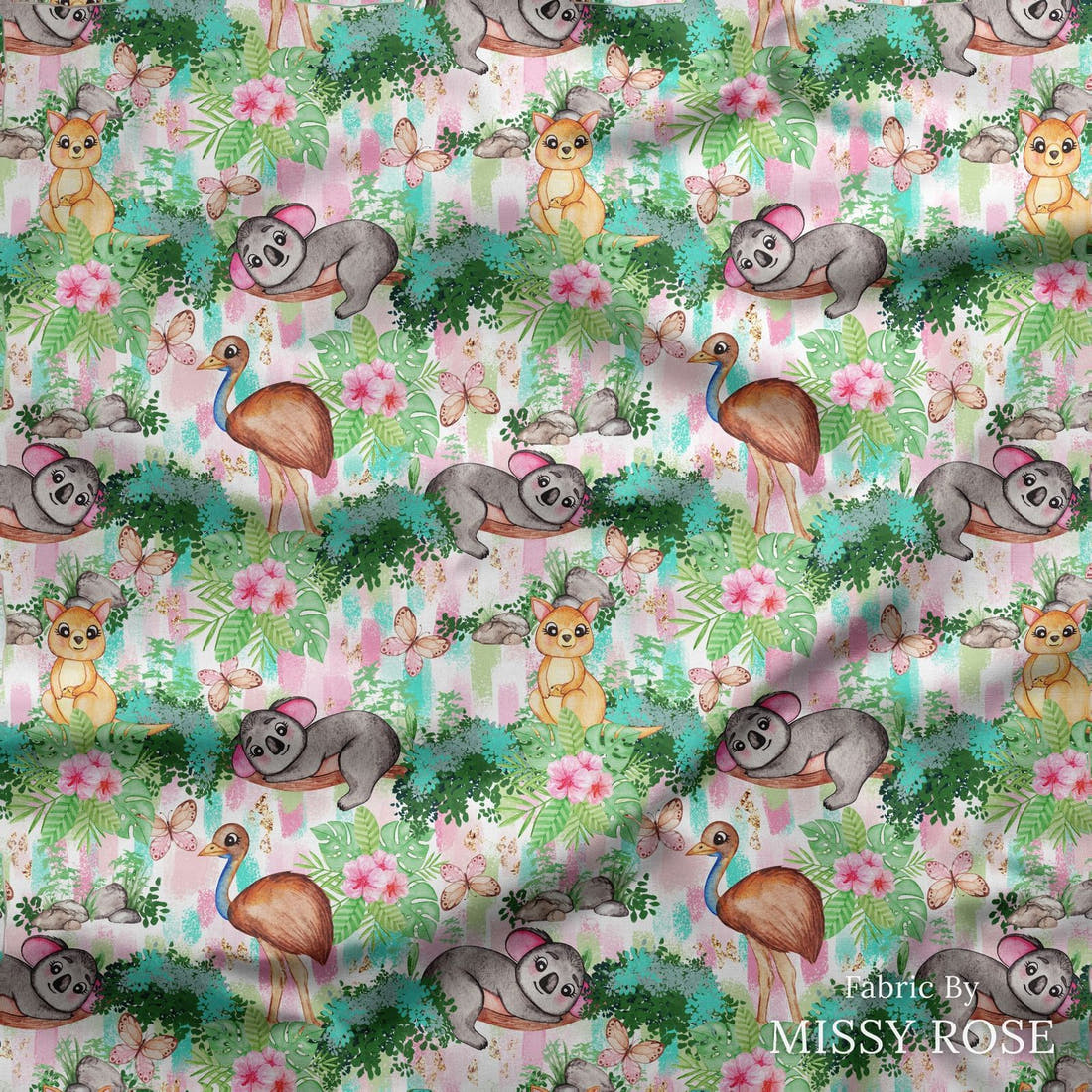 Design 205 Australian Animals Fabric draped fabric mockup – custom printed fabric by the metre | Fabric by Missy Rose
