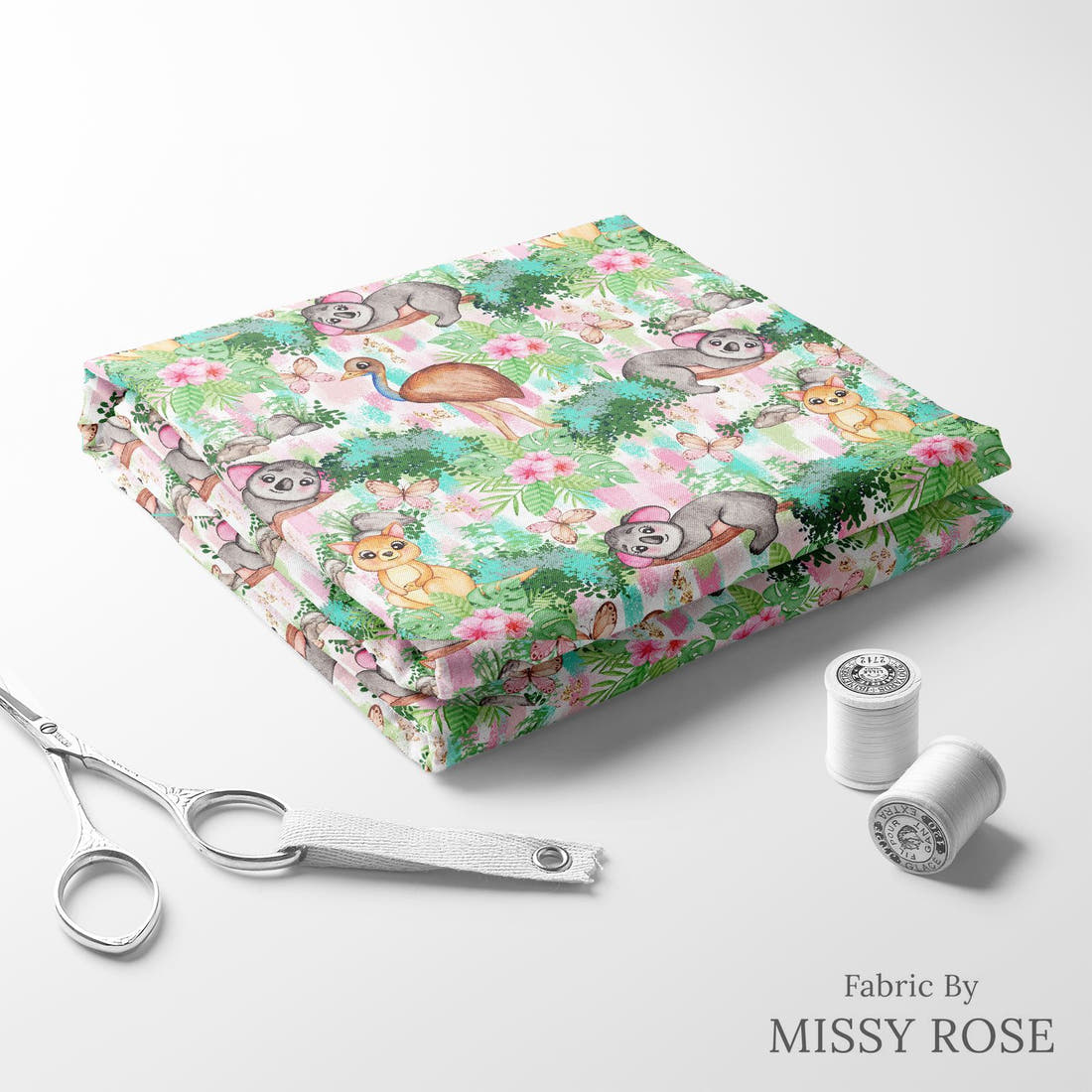 Design 205 Australian Animals Fabric folded fabric stack with matching thread – pre-order fabric Australia | Fabric by Missy Rose