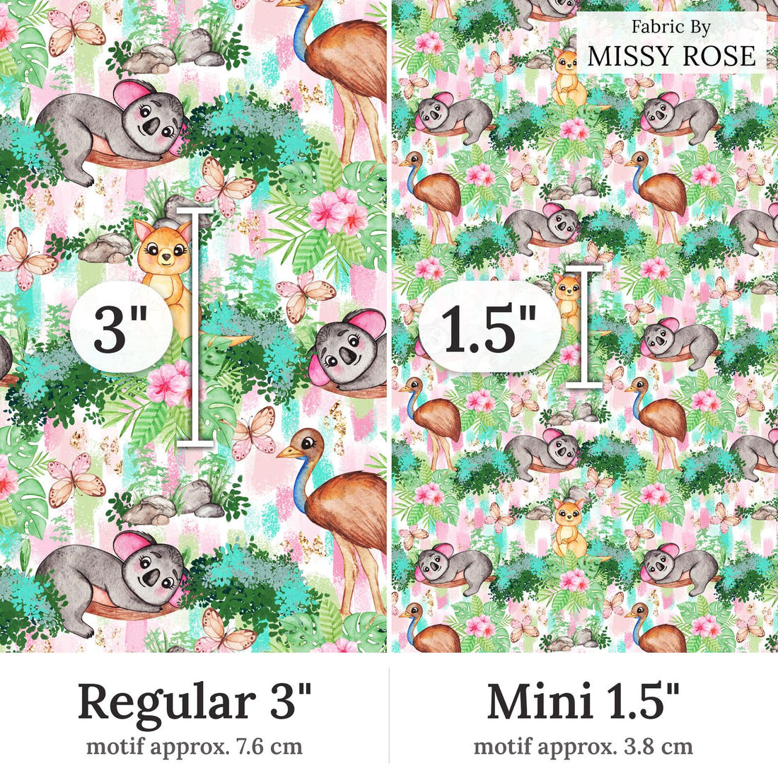 Design 205 Australian Animals Fabric Regular 3 inch vs Mini 1.5 inch print scale side by side | Fabric by Missy Rose