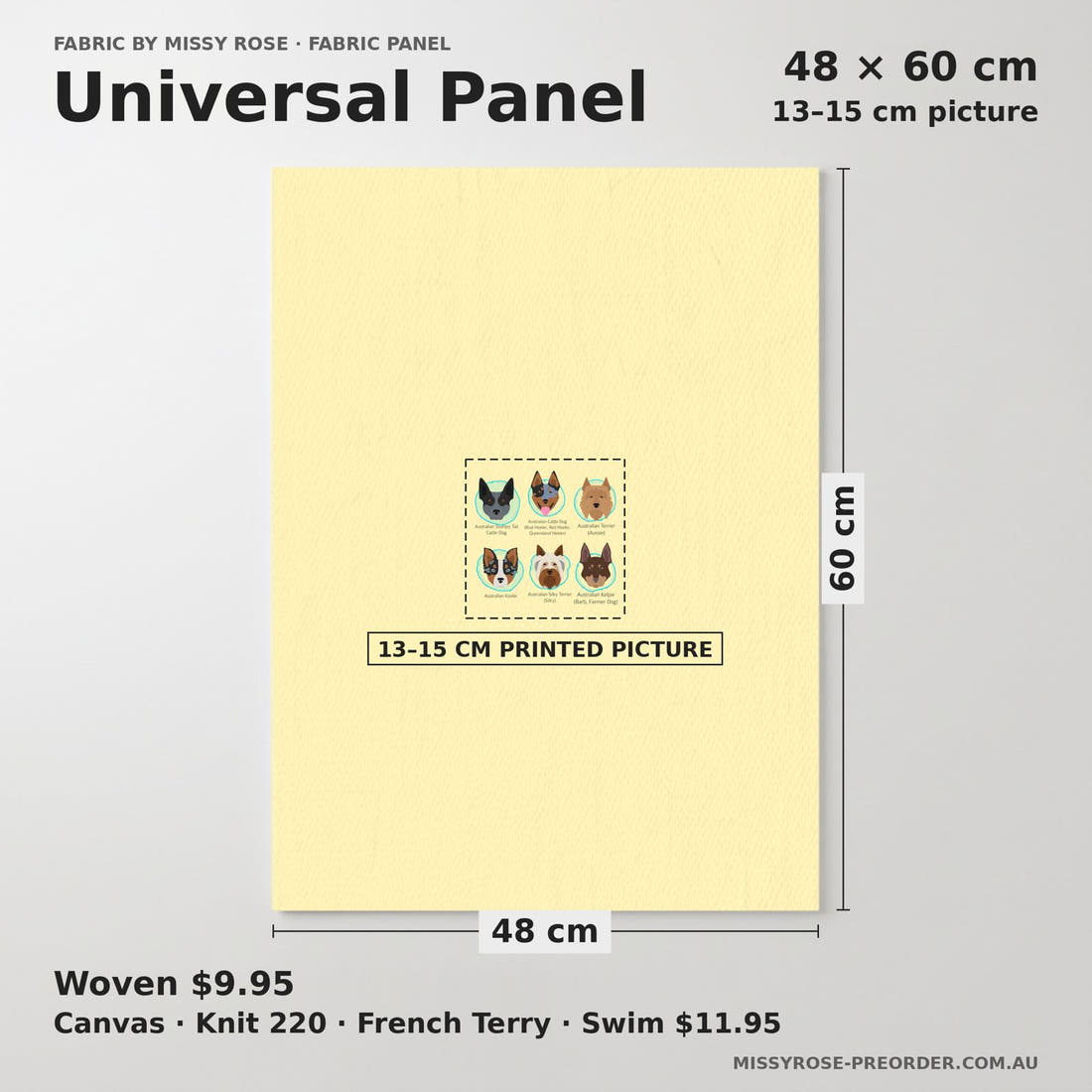 Design 206 Yellow Dogs Panel universal panel sizing – 13–15 cm printed picture on 48 × 60 cm fabric | Fabric by Missy Rose