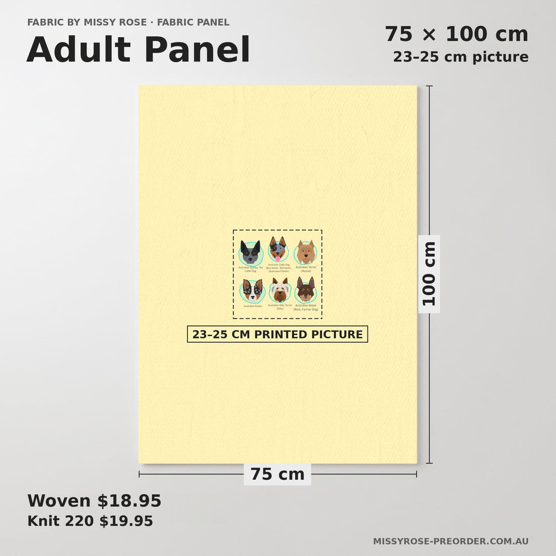 Design 206 Yellow Dogs Panel adult panel sizing – 23–25 cm printed picture on 75 × 100 cm fabric | Fabric by Missy Rose