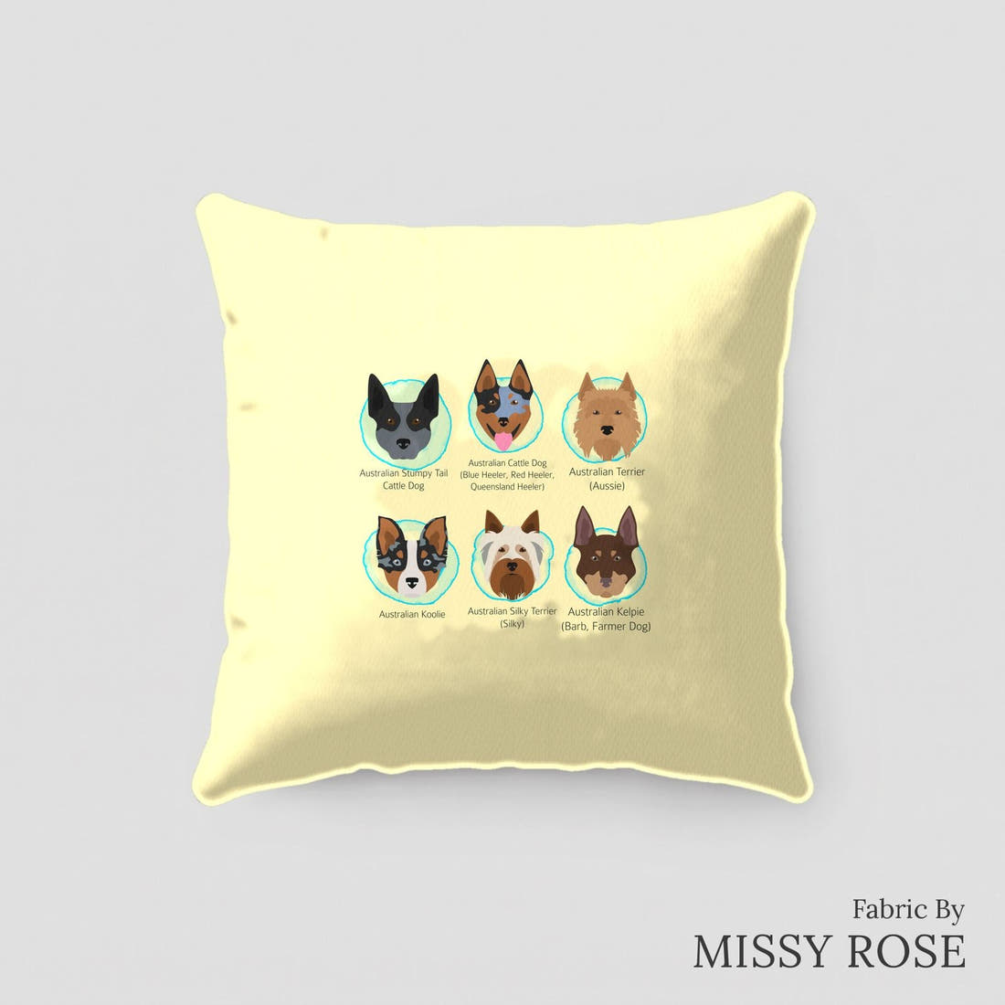 Design 206 Yellow Dogs Panel sewn into a cushion – see how the panel looks made up | Fabric by Missy Rose
