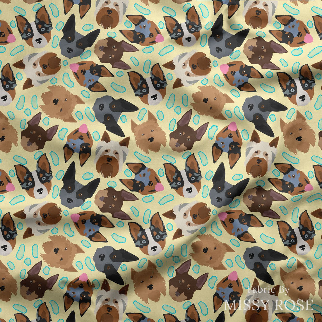 Design 206 Yellow Dogs Fabric draped fabric mockup – custom printed fabric by the metre | Fabric by Missy Rose