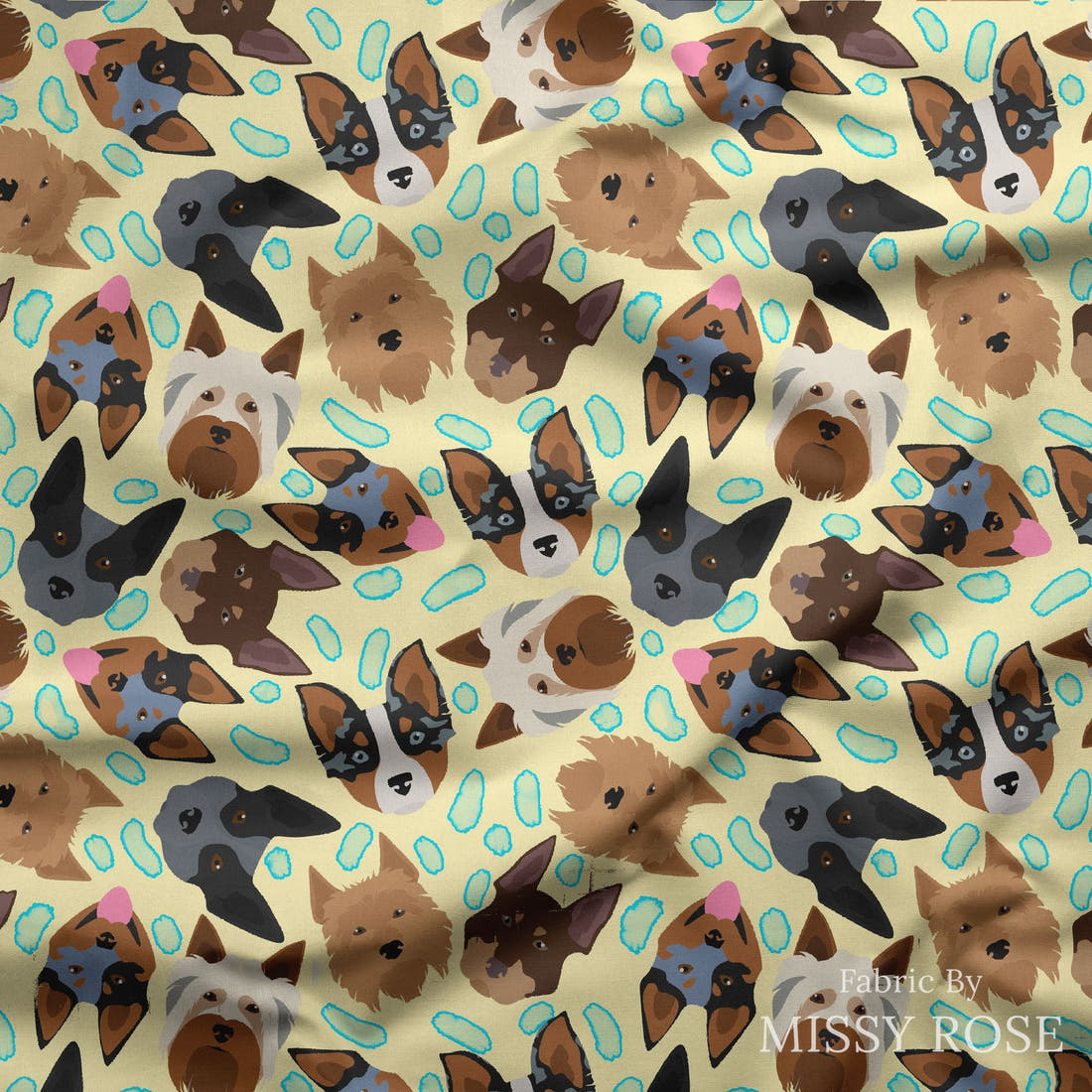 Design 206 Yellow Dogs Fabric draped fabric mockup – custom printed fabric by the metre | Fabric by Missy Rose