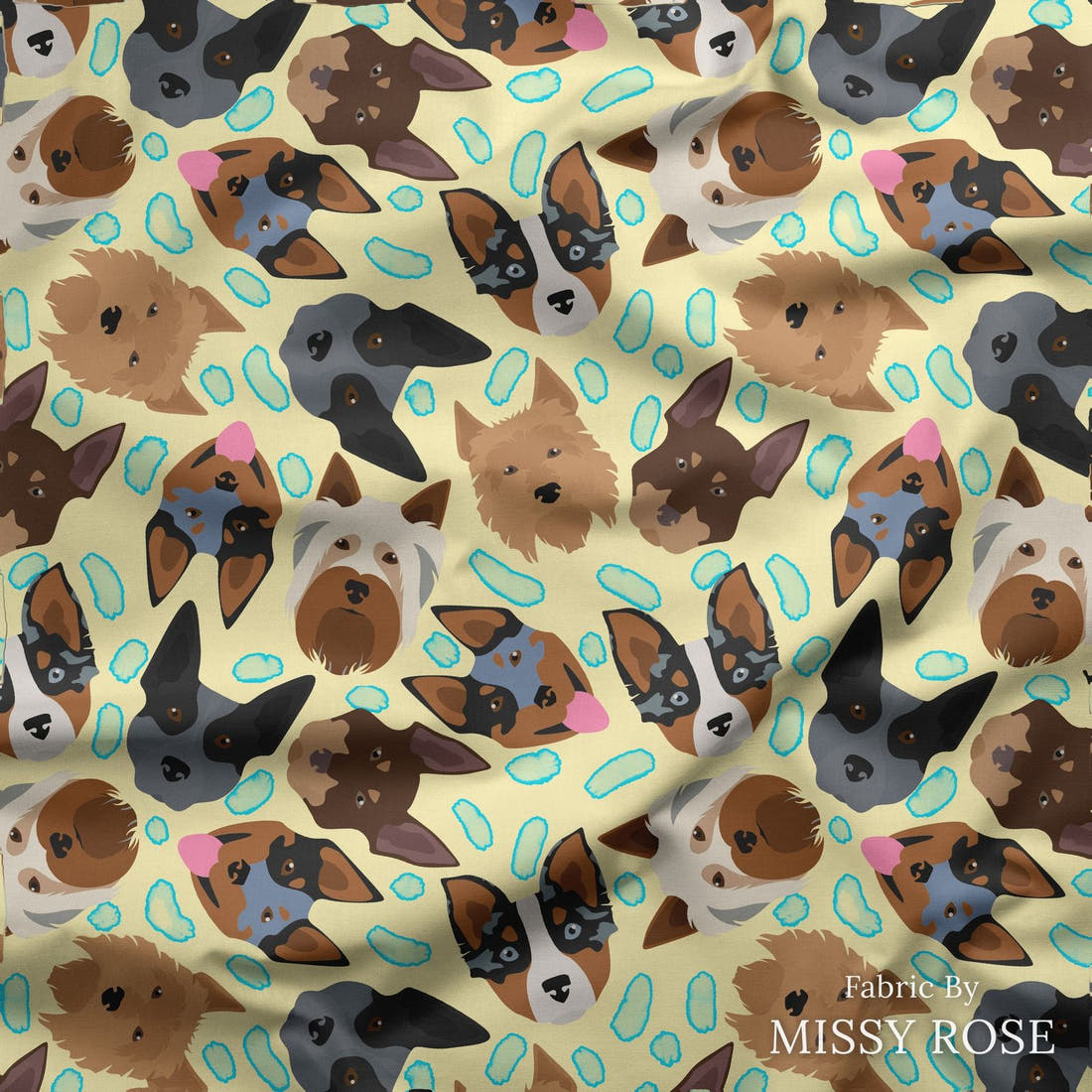 Design 206 Yellow Dogs Fabric draped fabric mockup – custom printed fabric by the metre | Fabric by Missy Rose