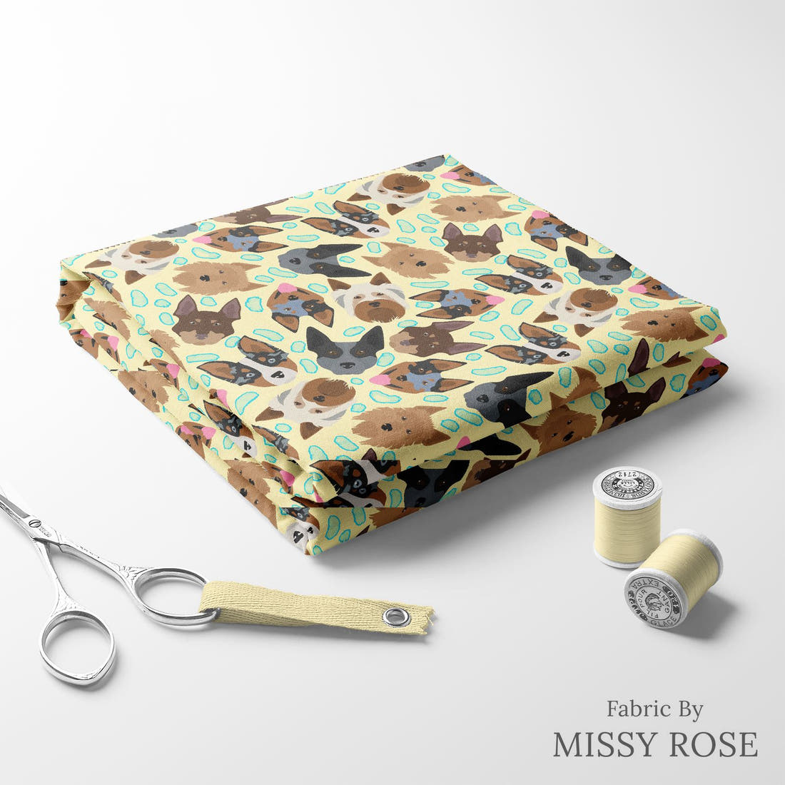 Design 206 Yellow Dogs Fabric folded fabric stack with matching thread – pre-order fabric Australia | Fabric by Missy Rose