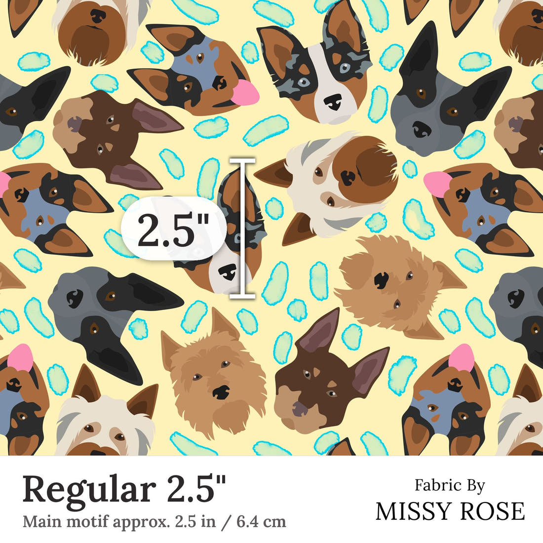 Design 206 Yellow Dogs Fabric Regular 2.5 inch print scale guide | Fabric by Missy Rose
