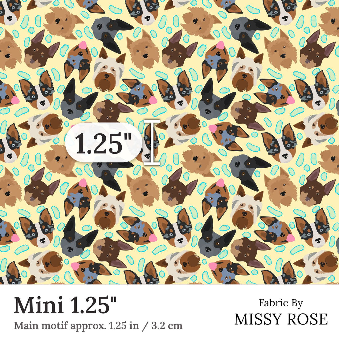 Design 206 Yellow Dogs Fabric Mini 1.25 inch print scale guide | Fabric by Missy Rose