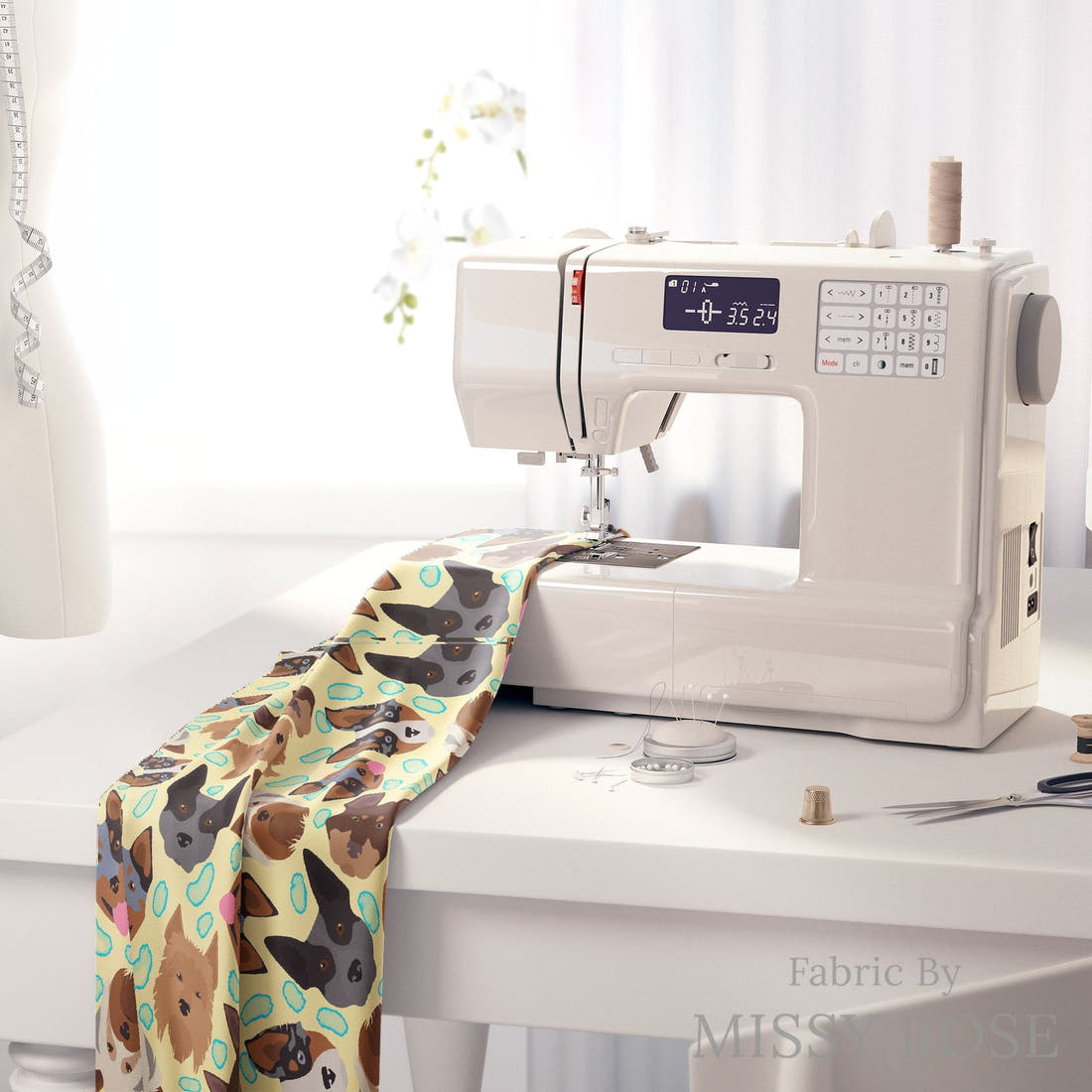 Design 206 Yellow Dogs Fabric on a sewing machine – premium fabric for sewing projects | Fabric by Missy Rose