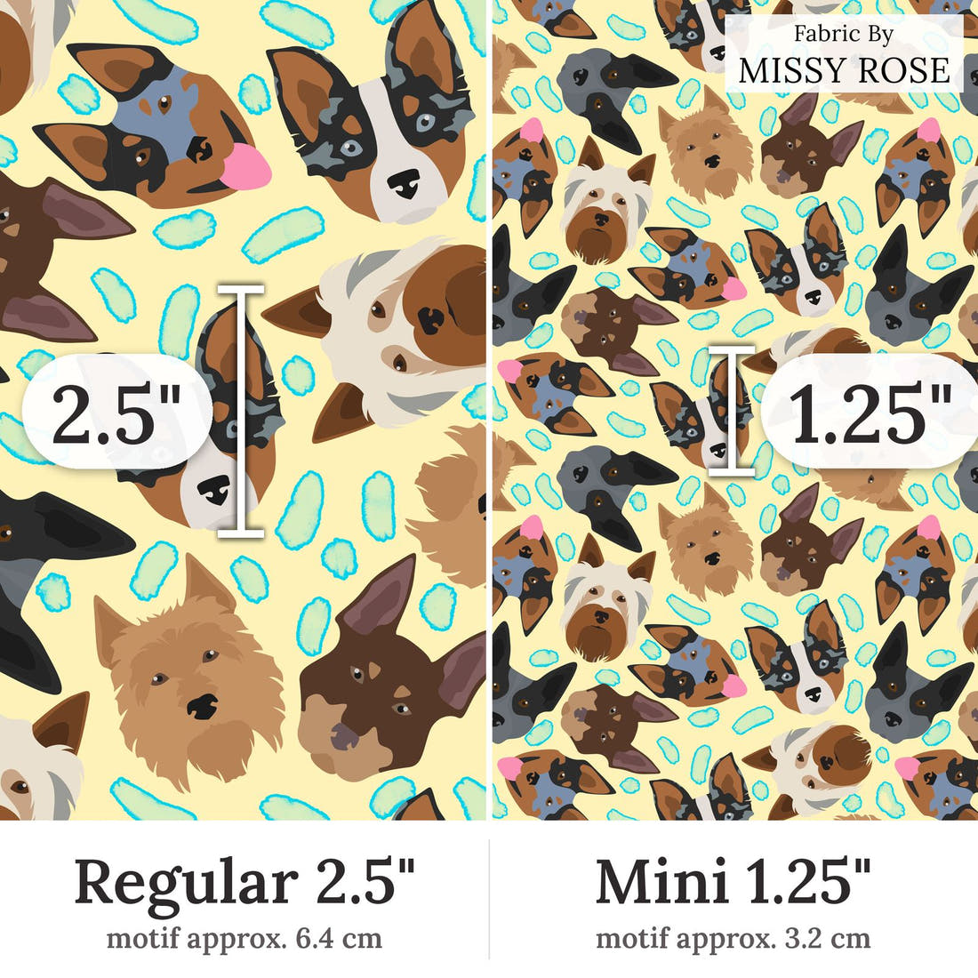 Design 206 Yellow Dogs Fabric Regular 2.5 inch vs Mini 1.25 inch print scale side by side | Fabric by Missy Rose