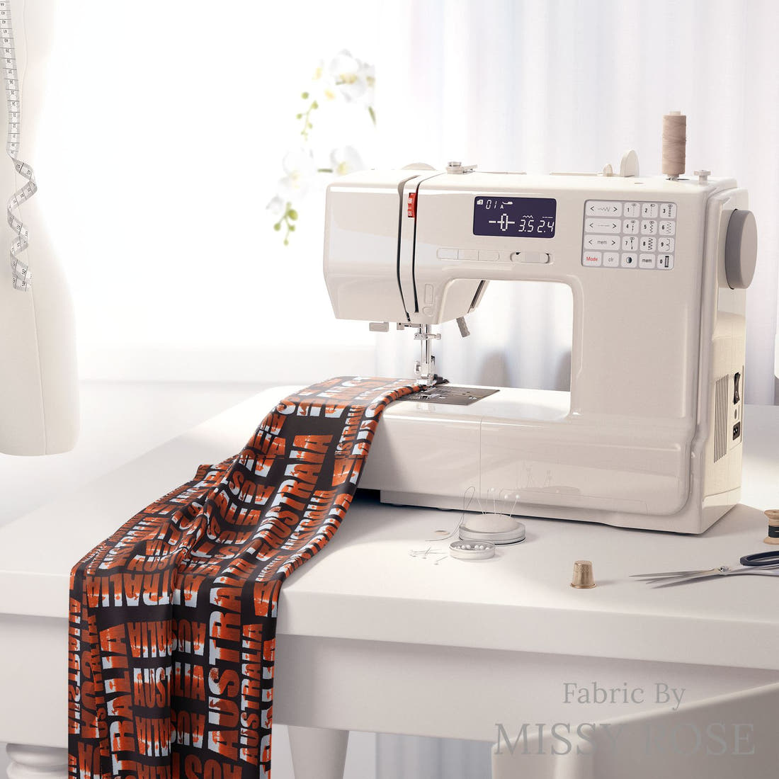 Design 207 Australia Fabric on a sewing machine – premium fabric for sewing projects | Fabric by Missy Rose