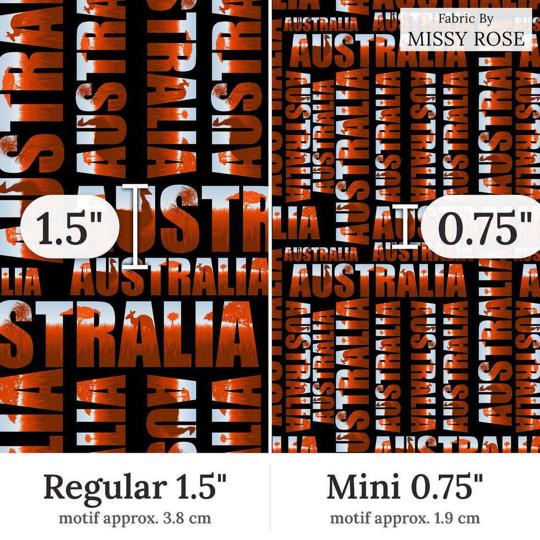 Design 207 Australia Fabric Regular 1.5 inch vs Mini 0.75 inch print scale side by side | Fabric by Missy Rose