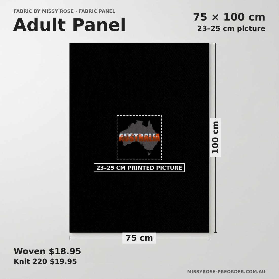 Design 207 Australia Panel adult panel sizing – 23–25 cm printed picture on 75 × 100 cm fabric | Fabric by Missy Rose