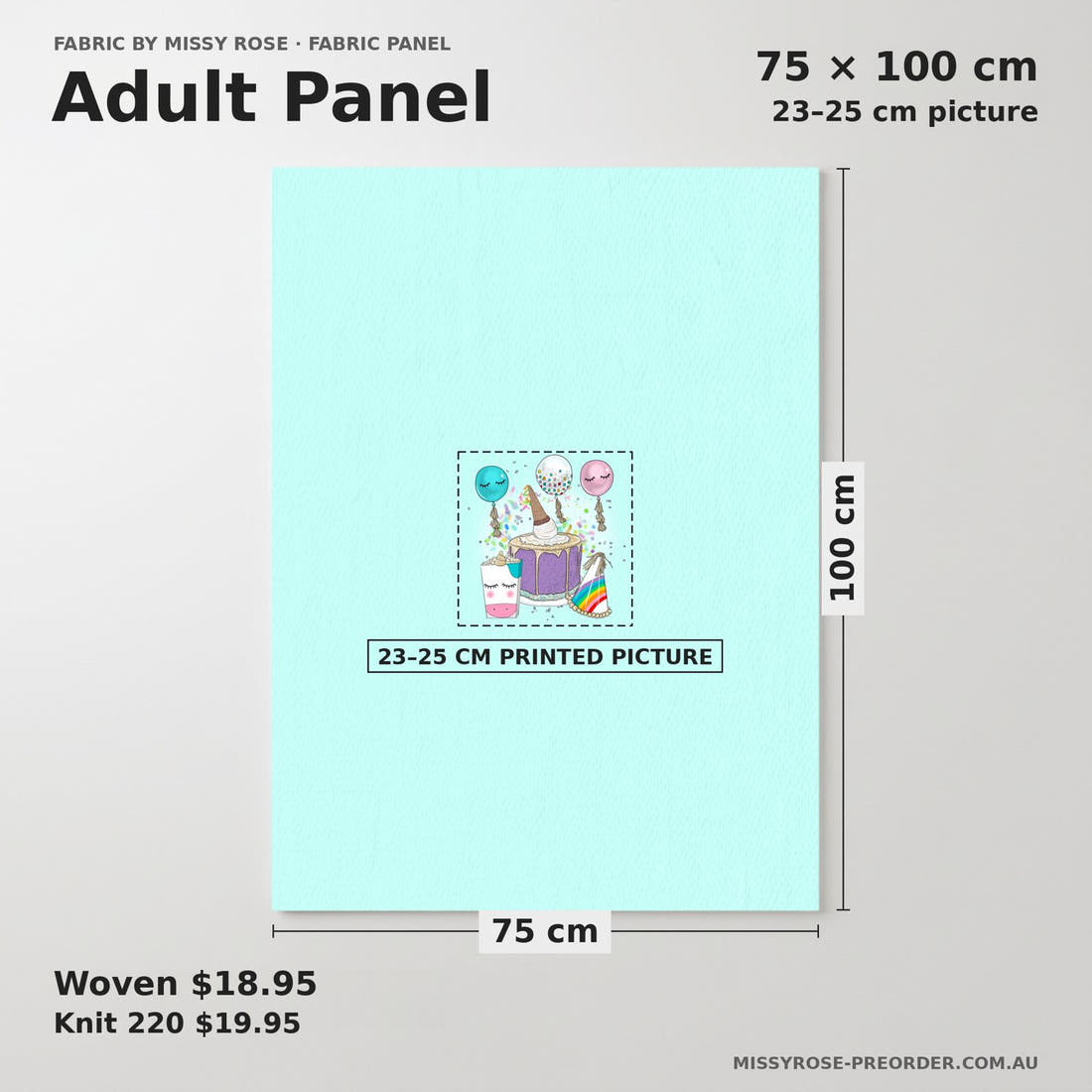 Design 208 Rainbow Party Panel adult panel sizing – 23–25 cm printed picture on 75 × 100 cm fabric | Fabric by Missy Rose