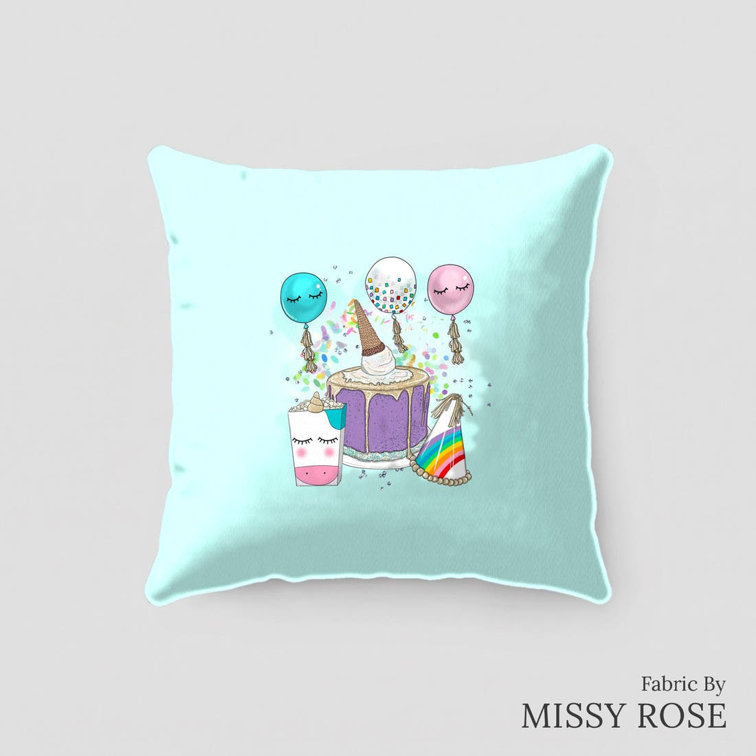 Design 208 Rainbow Party Panel sewn into a cushion – see how the panel looks made up | Fabric by Missy Rose