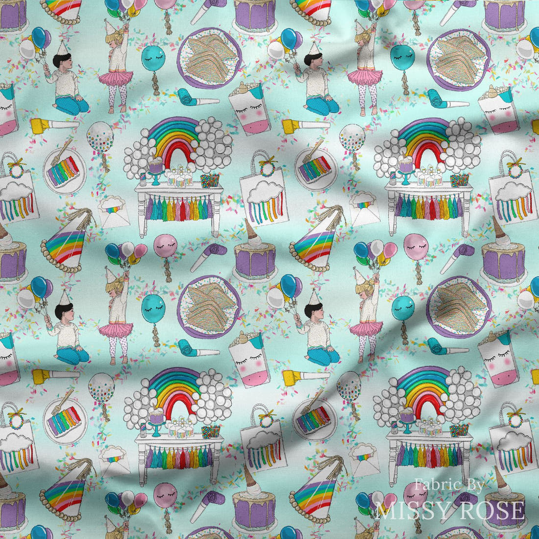 Design 208 Rainbow Party Fabric draped fabric mockup – custom printed fabric by the metre | Fabric by Missy Rose