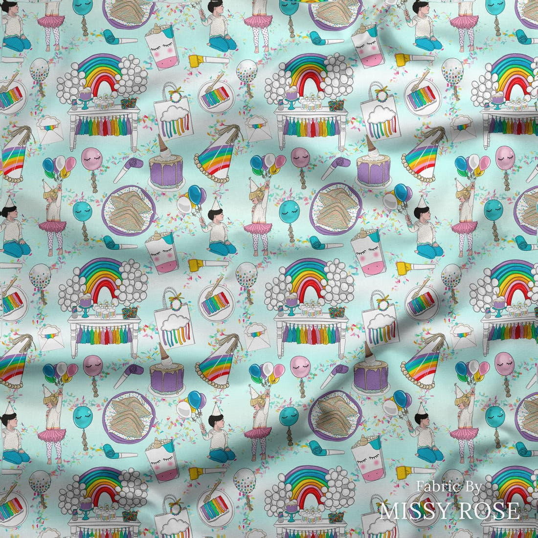 Design 208 Rainbow Party Fabric draped fabric mockup – custom printed fabric by the metre | Fabric by Missy Rose