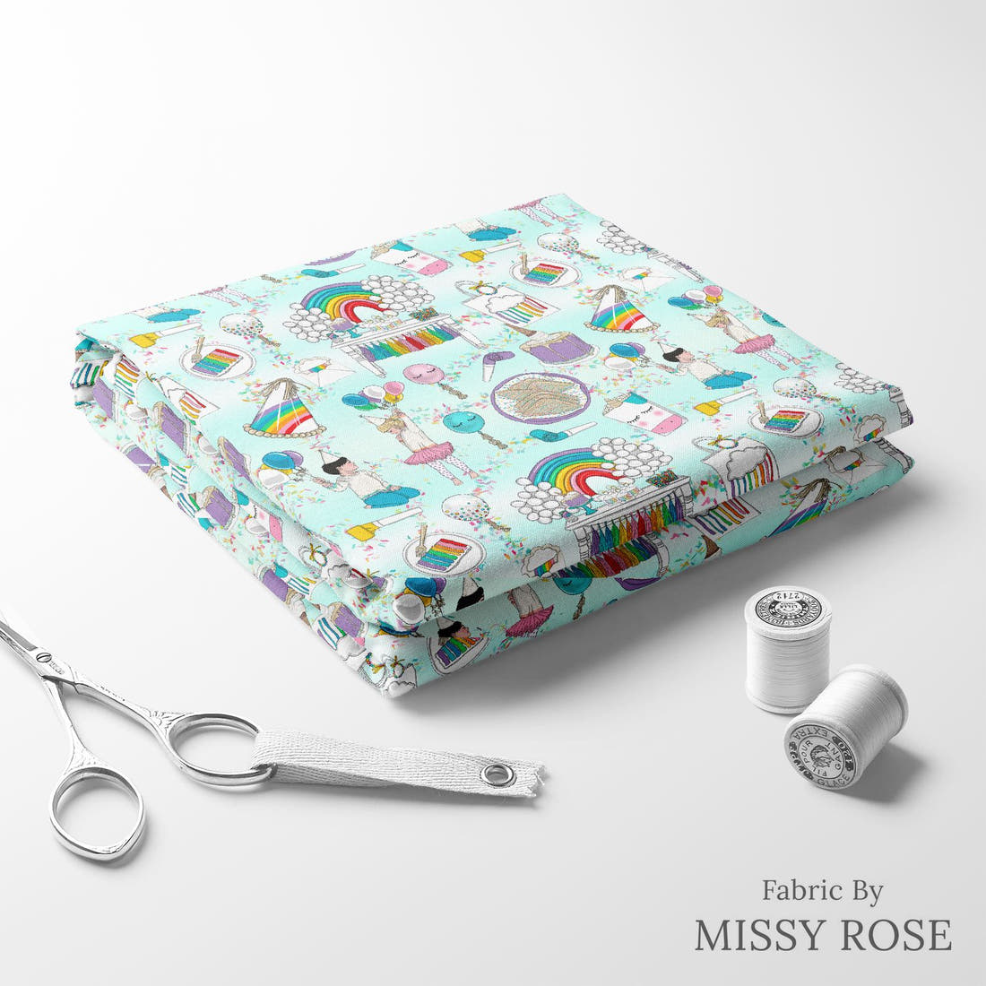Design 208 Rainbow Party Fabric folded fabric stack with matching thread – pre-order fabric Australia | Fabric by Missy Rose