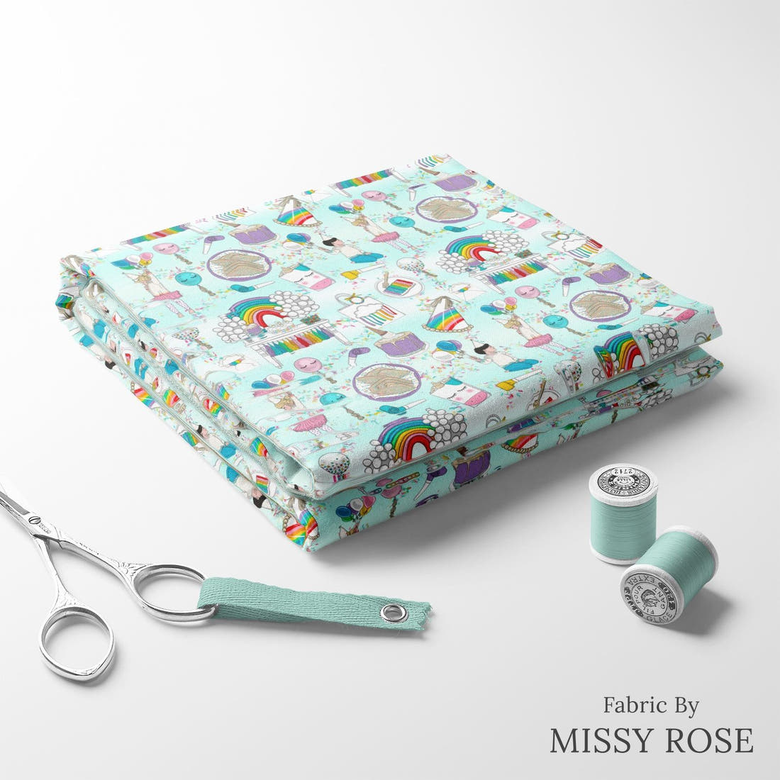 Design 208 Rainbow Party Fabric folded fabric stack with matching thread – pre-order fabric Australia | Fabric by Missy Rose