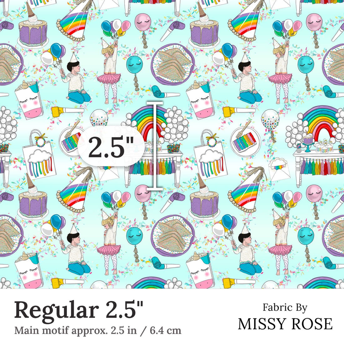 Design 208 Rainbow Party Fabric Regular 2.5 inch print scale guide | Fabric by Missy Rose