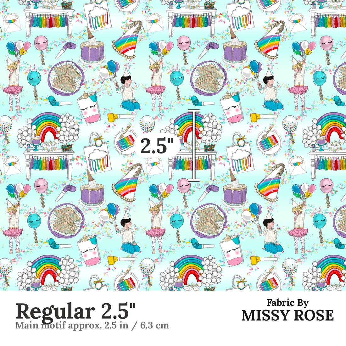 Design 208 Rainbow Party Fabric Regular 2.5" - print scale | Fabric by Missy Rose