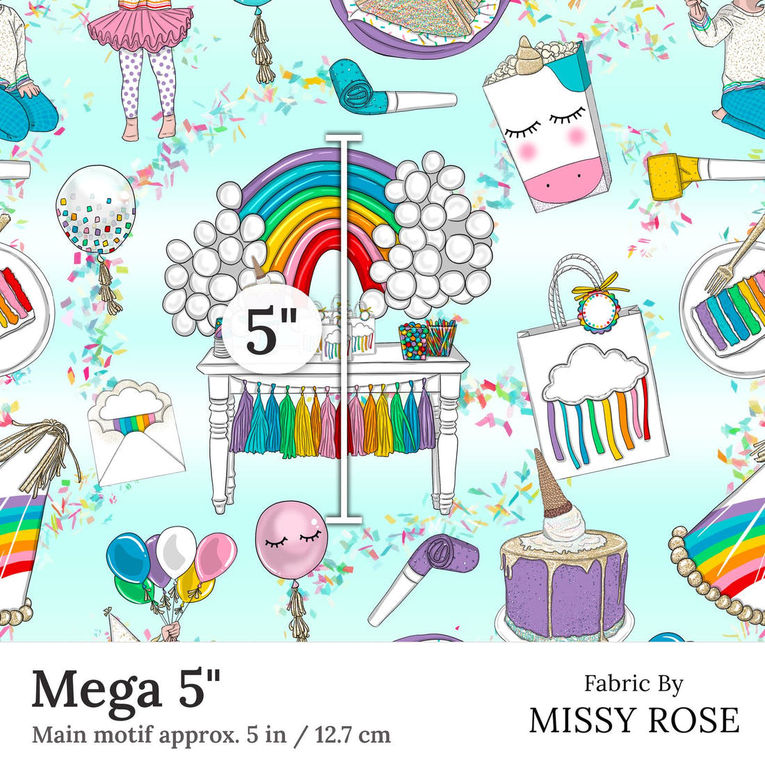 Design 208 Rainbow Party Fabric Mega 5 inch print scale guide | Fabric by Missy Rose
