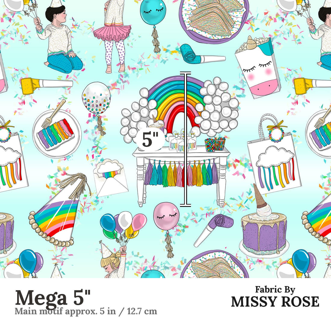 Design 208 Rainbow Party Fabric Mega 5" - print scale | Fabric by Missy Rose