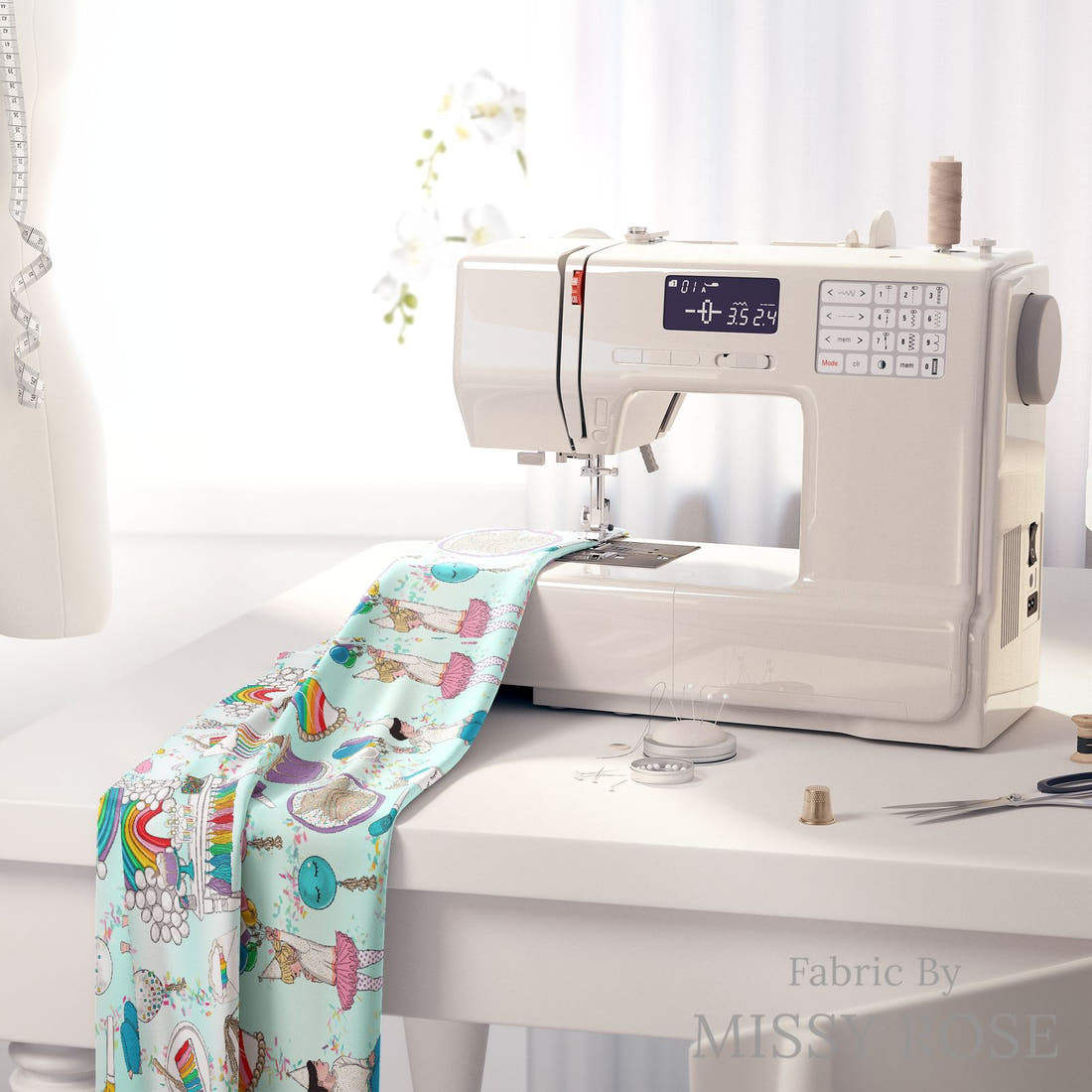 Design 208 Rainbow Party Fabric on a sewing machine – premium fabric for sewing projects | Fabric by Missy Rose