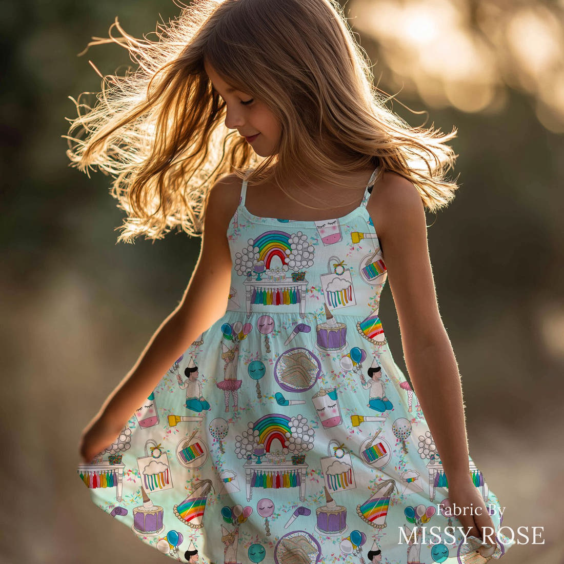 Design 208 Rainbow Party Fabric sewn into a girls' dress – see how the print looks made up | Fabric by Missy Rose