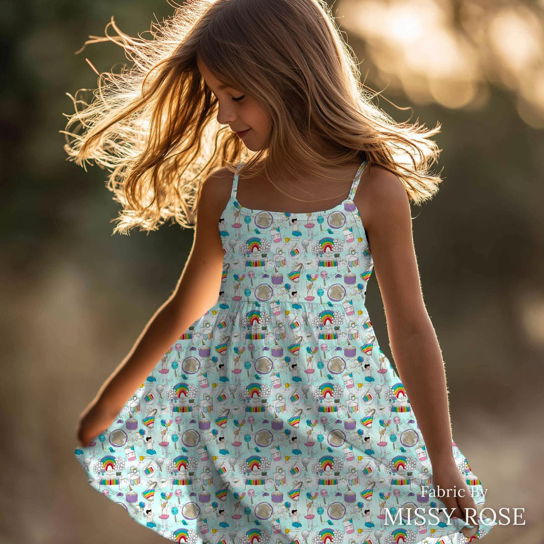Design 208 Rainbow Party Fabric sewn into a girls' dress – see how the print looks made up | Fabric by Missy Rose