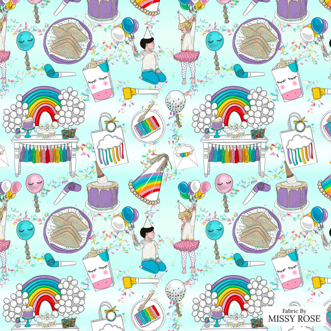 Design 208 Rainbow Party Fabric - flat view of the print, zoom in for detail | Fabric by Missy Rose