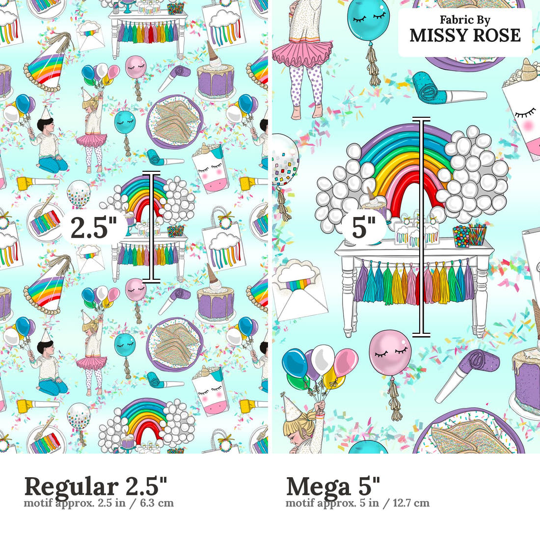 Design 208 Rainbow Party Fabric size comparison - print scale | Fabric by Missy Rose