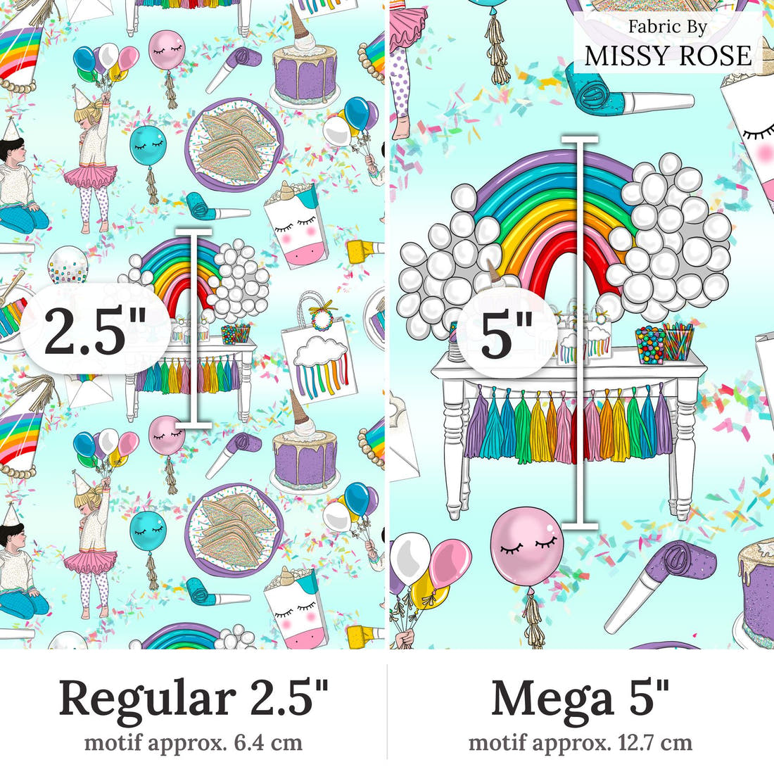 Design 208 Rainbow Party Fabric Regular 2.5 inch vs Mega 5 inch print scale side by side | Fabric by Missy Rose