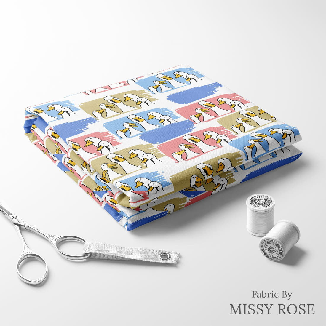 Design 209 Ducks Fabric folded fabric stack with matching thread – pre-order fabric Australia | Fabric by Missy Rose