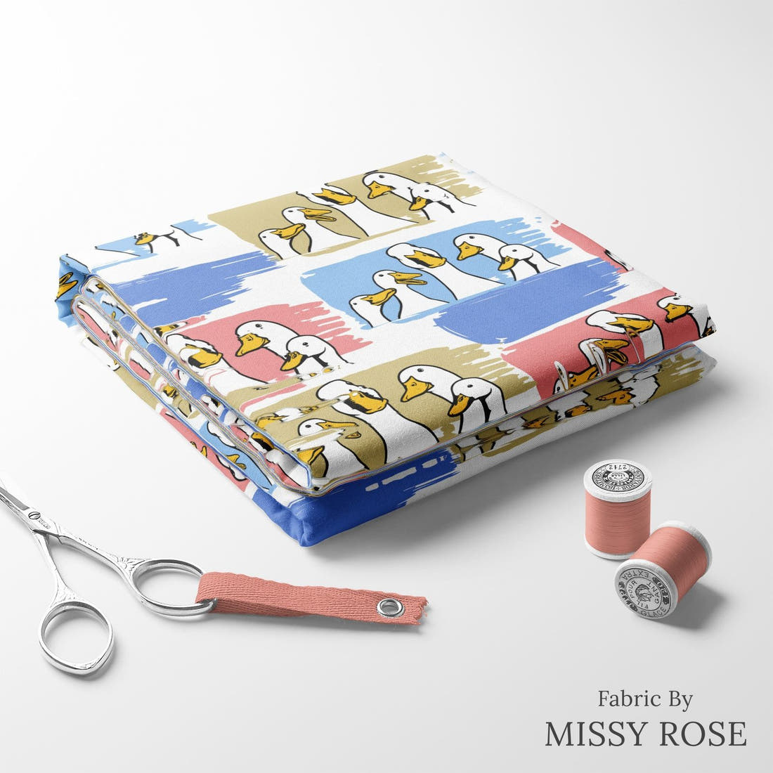 Design 209 Ducks Fabric folded fabric stack with matching thread – pre-order fabric Australia | Fabric by Missy Rose