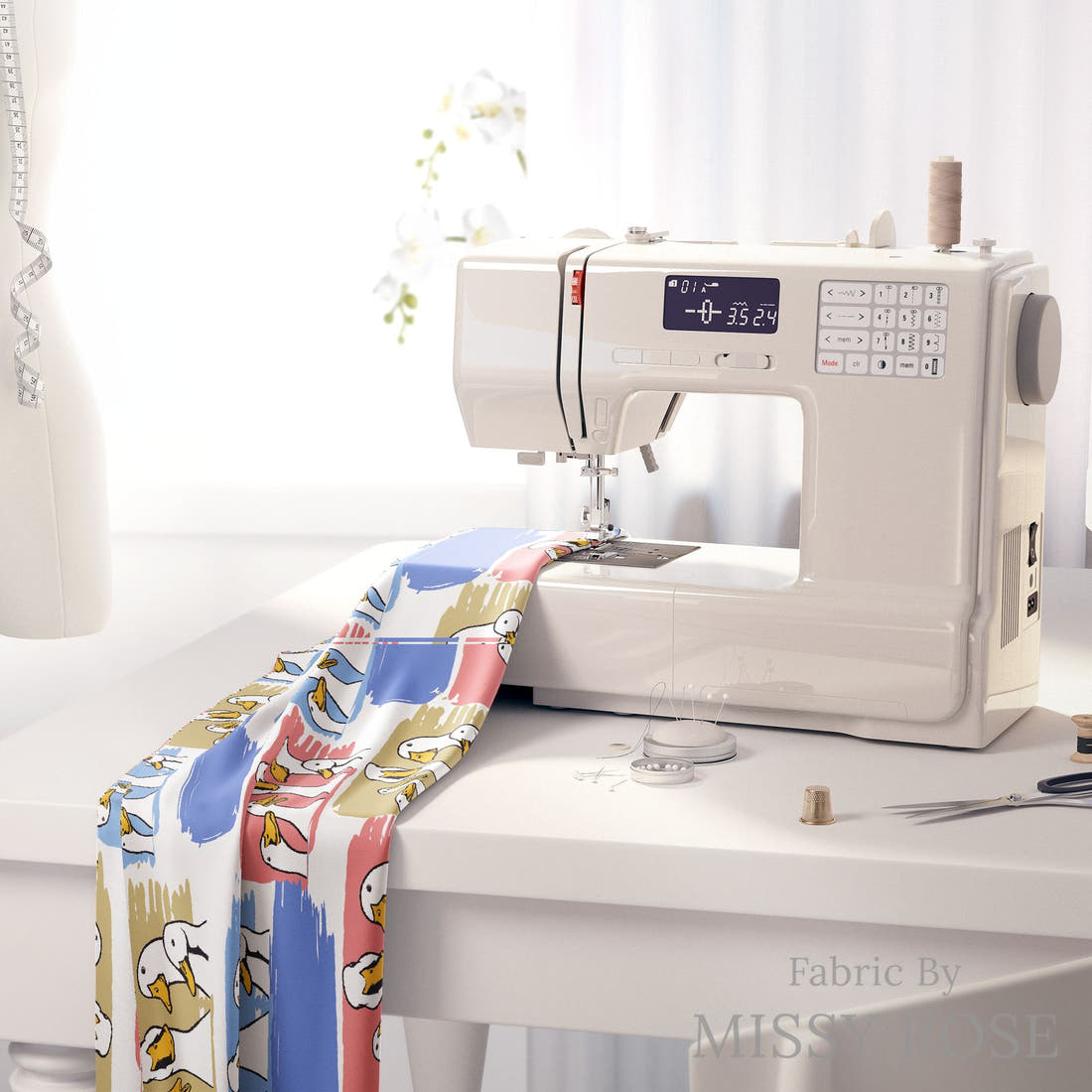 Design 209 Ducks Fabric on a sewing machine – premium fabric for sewing projects | Fabric by Missy Rose