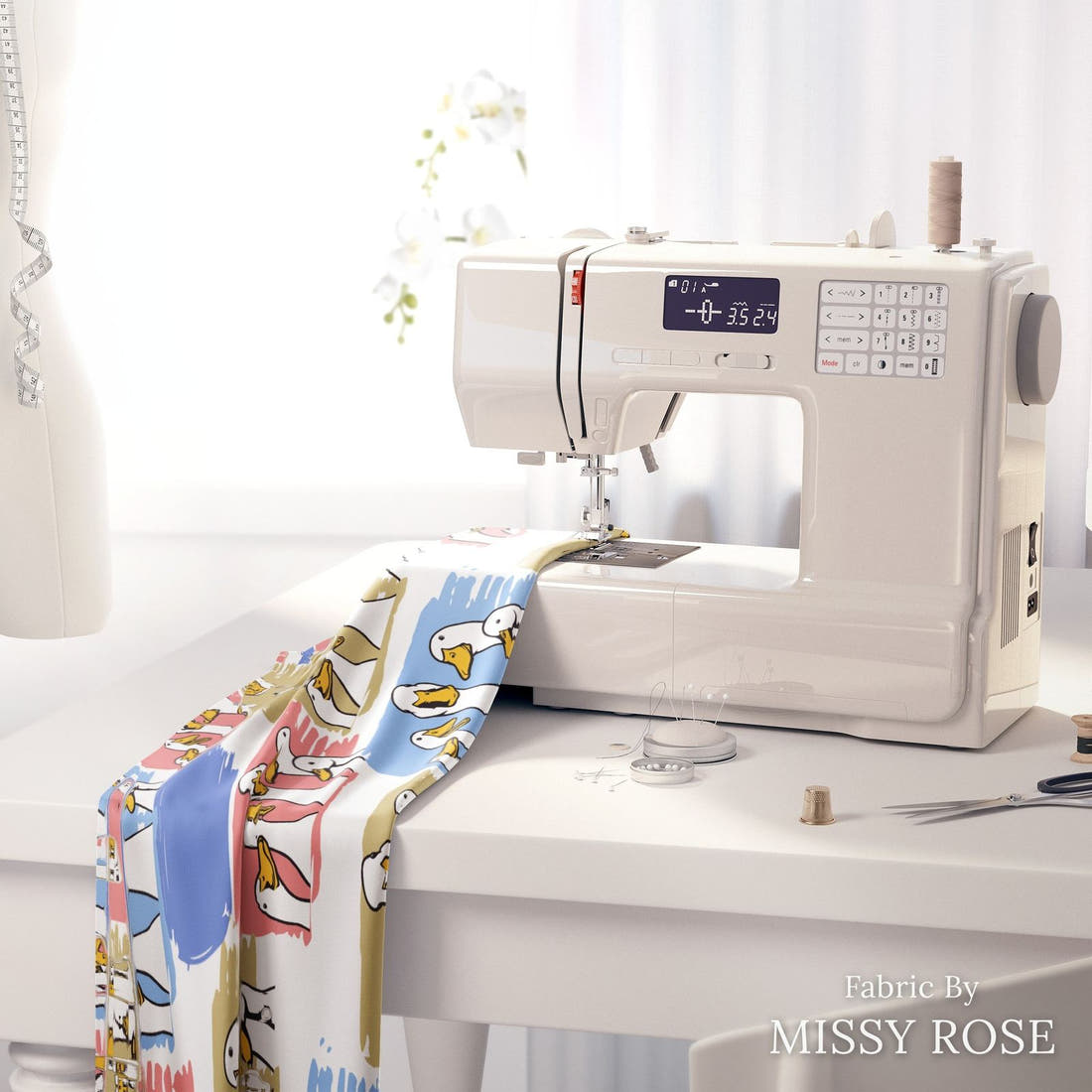 Design 209 Ducks Fabric on a sewing machine – premium fabric for sewing projects | Fabric by Missy Rose