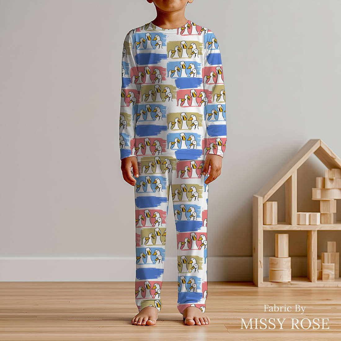 Design 209 Ducks Fabric sewn into kids' pyjamas – see how the print looks made up | Fabric by Missy Rose