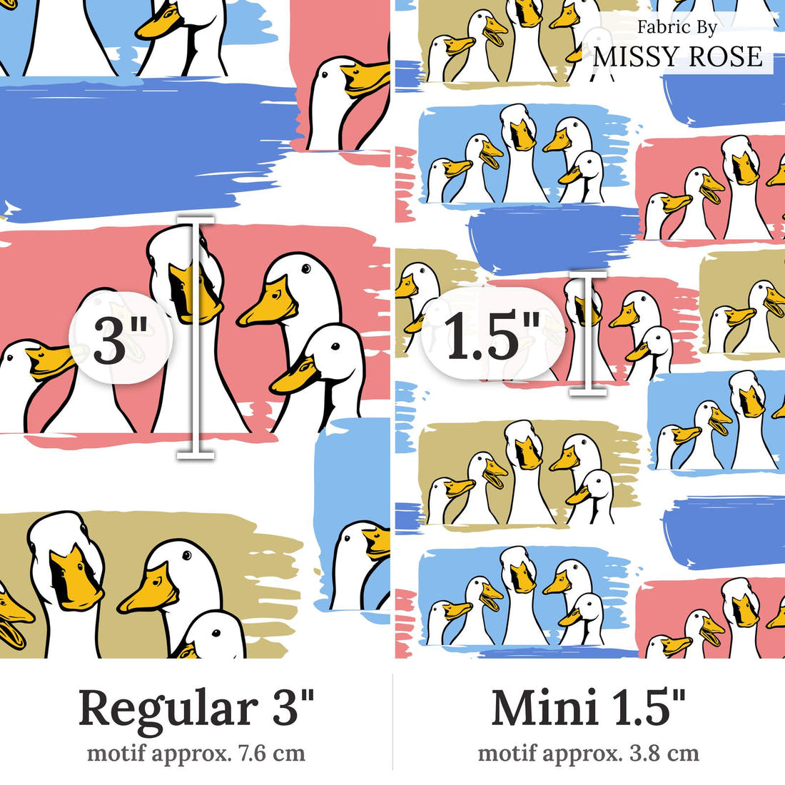 Design 209 Ducks Fabric Regular 3 inch vs Mini 1.5 inch print scale side by side | Fabric by Missy Rose