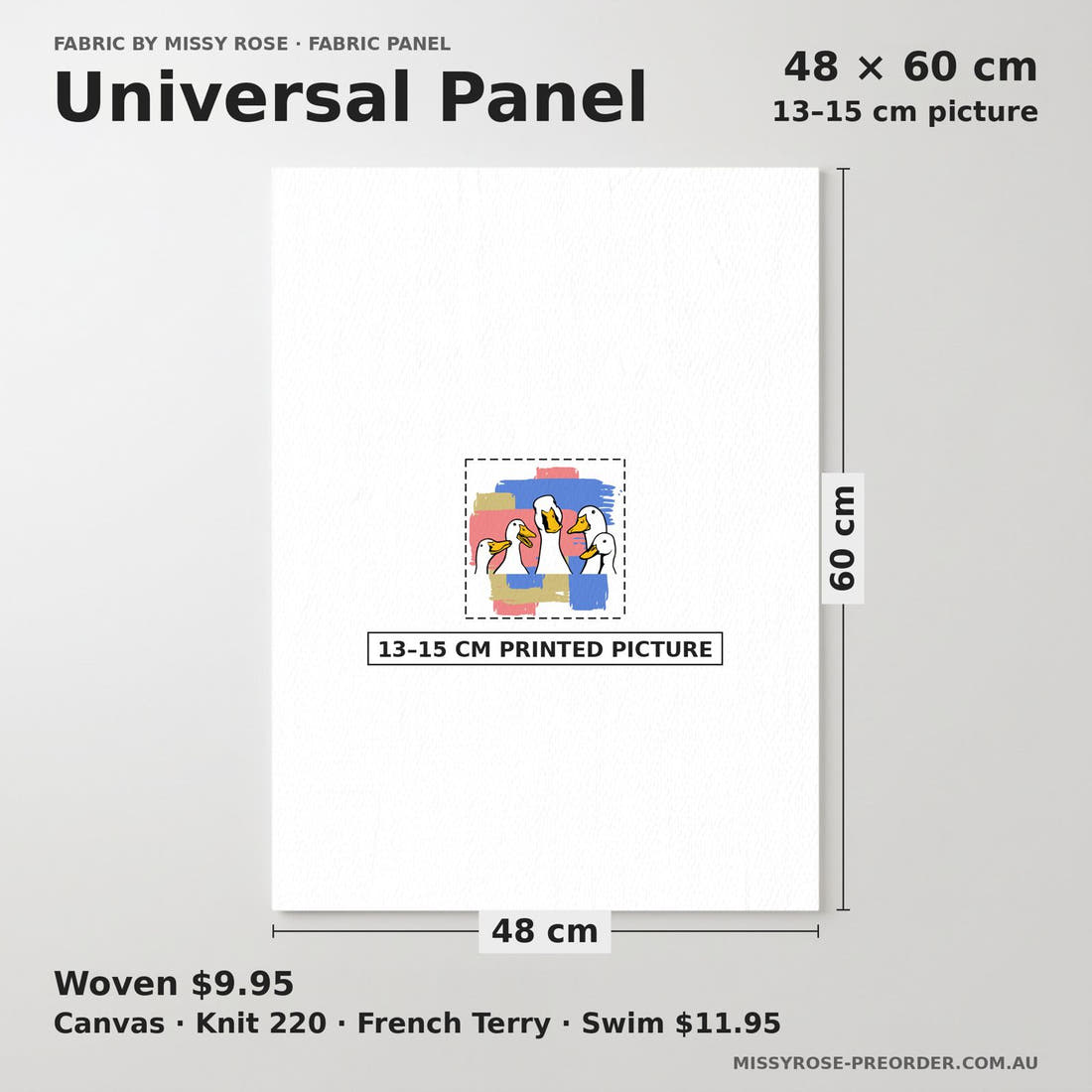 Design 209 Ducks Panel universal panel sizing – 13–15 cm printed picture on 48 × 60 cm fabric | Fabric by Missy Rose