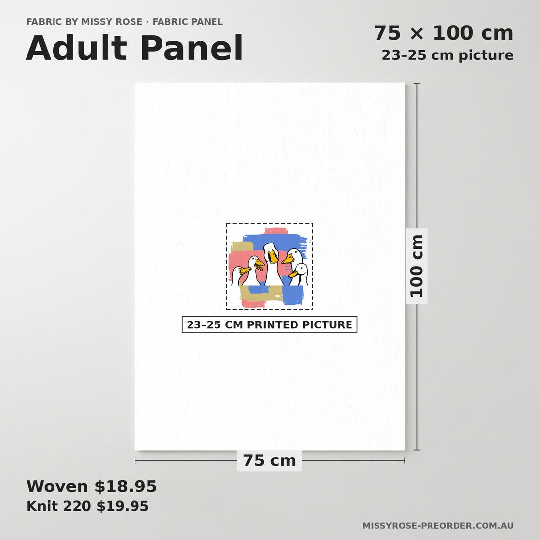 Design 209 Ducks Panel adult panel sizing – 23–25 cm printed picture on 75 × 100 cm fabric | Fabric by Missy Rose