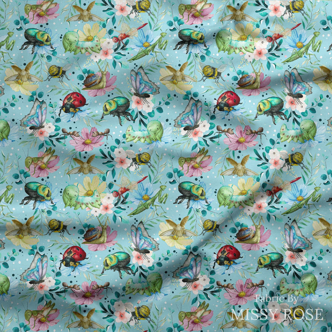 Design 21 Blue Insects Fabric draped fabric mockup – custom printed fabric by the metre | Fabric by Missy Rose